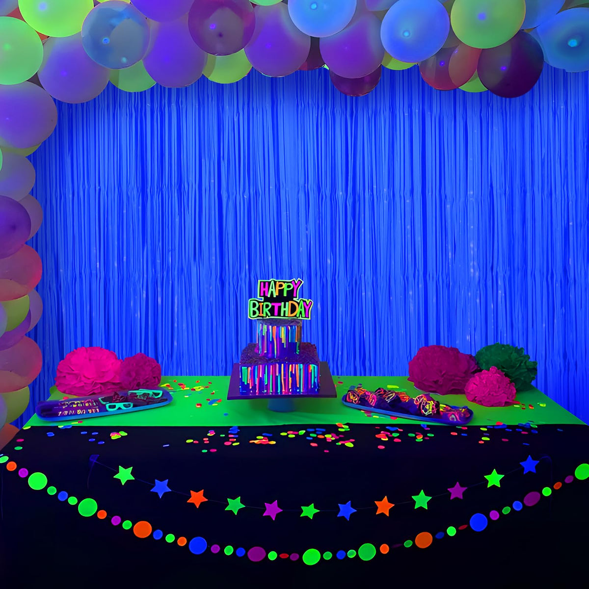 Office decor or classroom decorations shaded by neon Mega-L Glow fringe curtains.