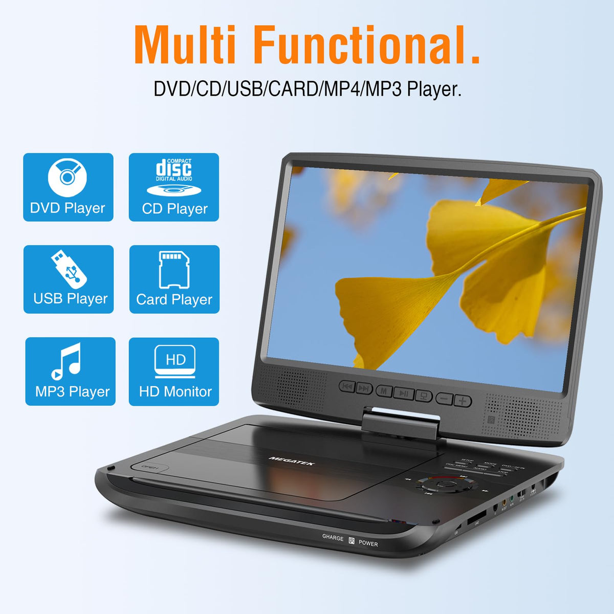 MEGATEK 10.5-inch screen swivels for easy viewing from multiple angles.