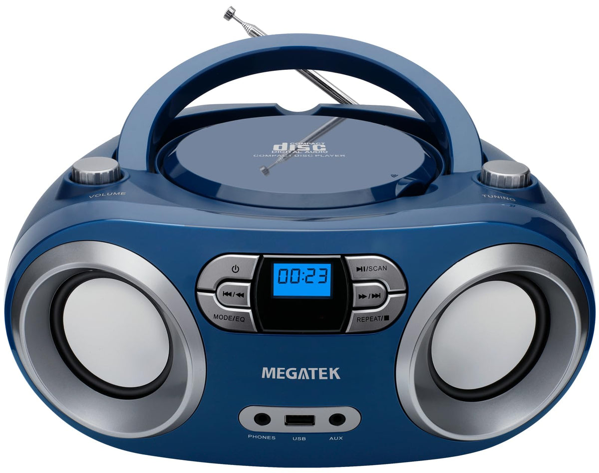 MEGATEK boombox front view showing controls and speakers for easy use