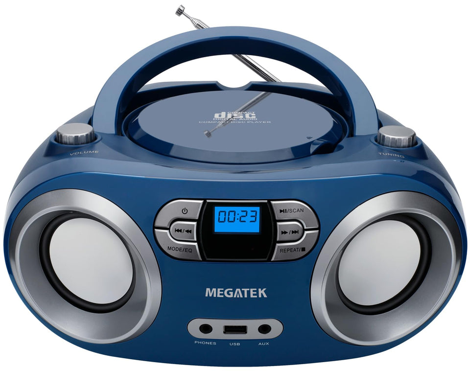 MEGATEK boombox front view showing controls and speakers for easy use