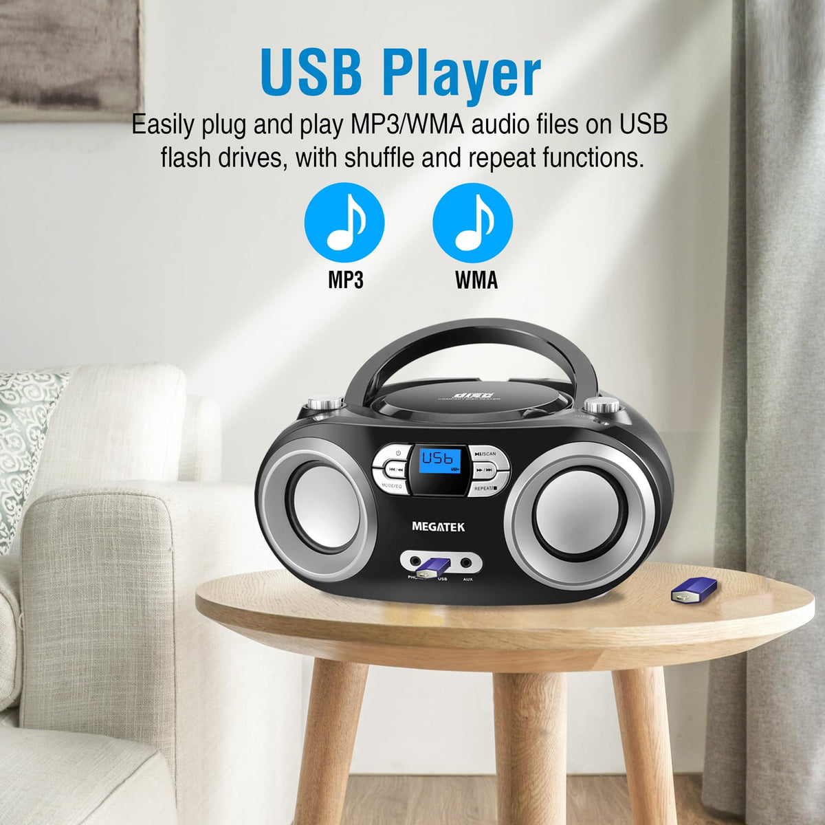 MEGATEK boombox on kitchen counter illustrating everyday home listening convenience