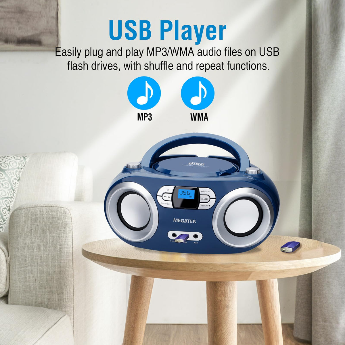 MEGATEK boombox on kitchen counter showing everyday lifestyle use