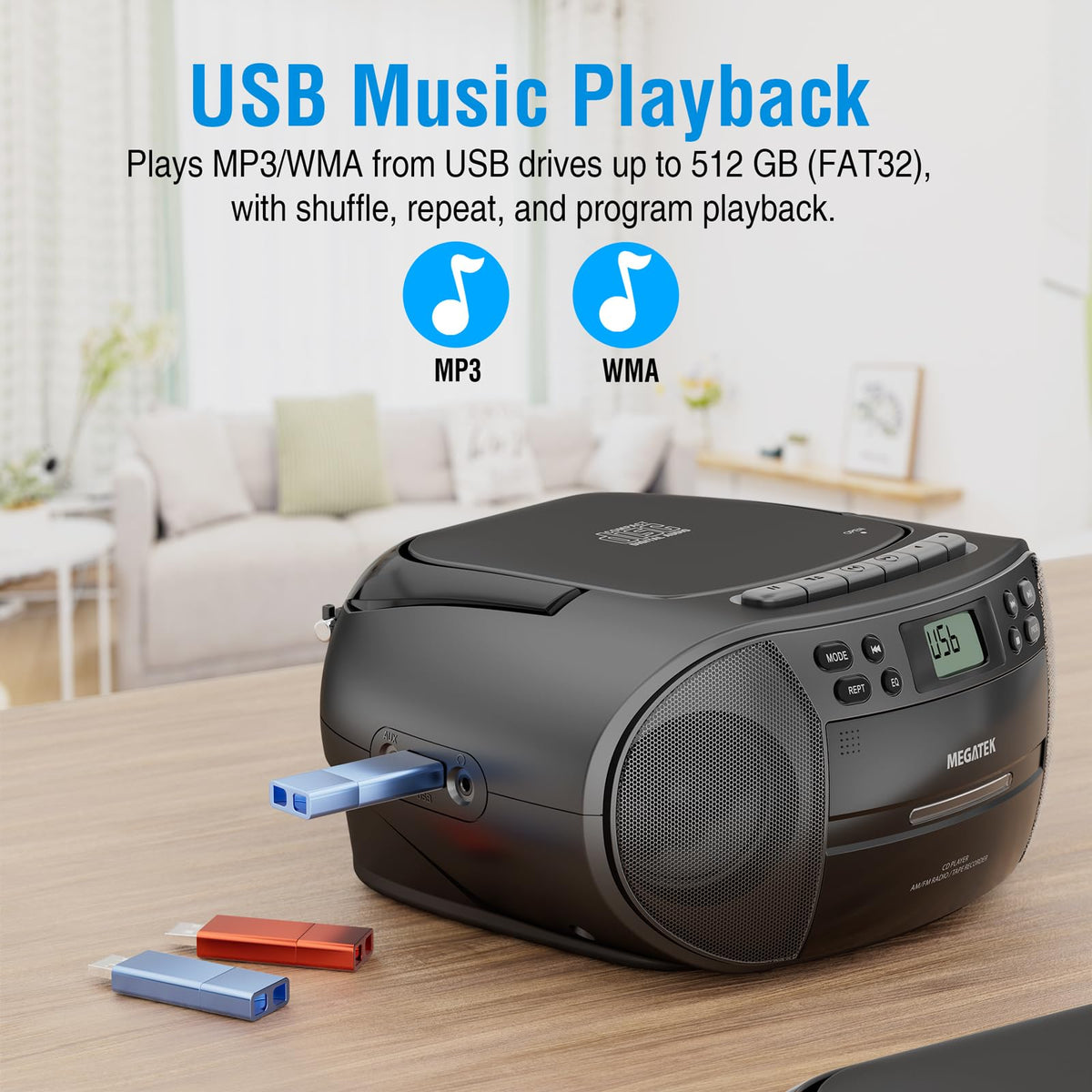 MEGATEK CBR510 AUX input and headphone jack for private listening