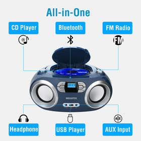 MEGATEK top-loading CD tray detail highlighting CD compatibility benefit
