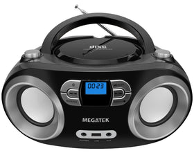MEGATEK front view showing boombox and clear stereo speakers for balanced sound