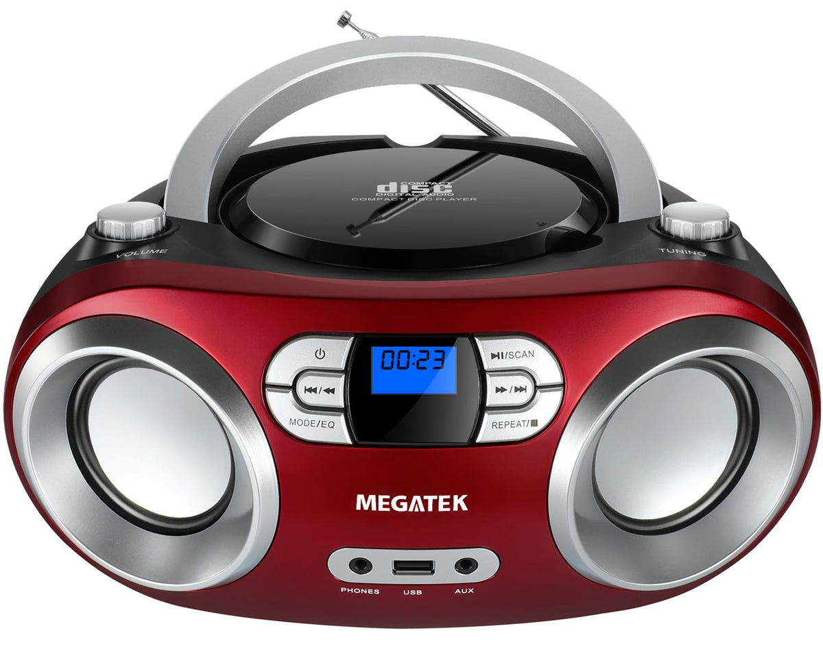 MEGATEK front view showing cherry red boombox and clear stereo benefit