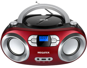 MEGATEK front view showing cherry red boombox and clear stereo benefit