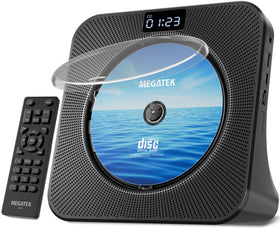 MEGATEK front view showing compact CD player and stereo speakers for space-saving audio