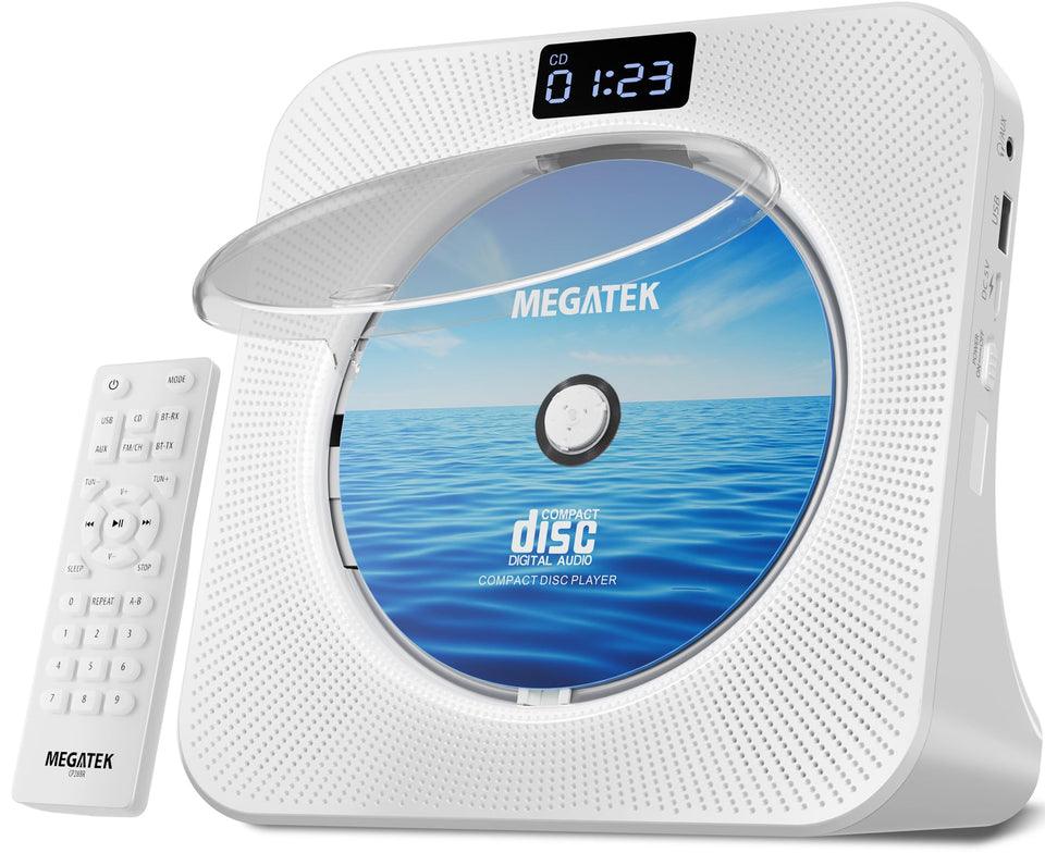 MEGATEK front view showing white player and speakers for clear stereo sound