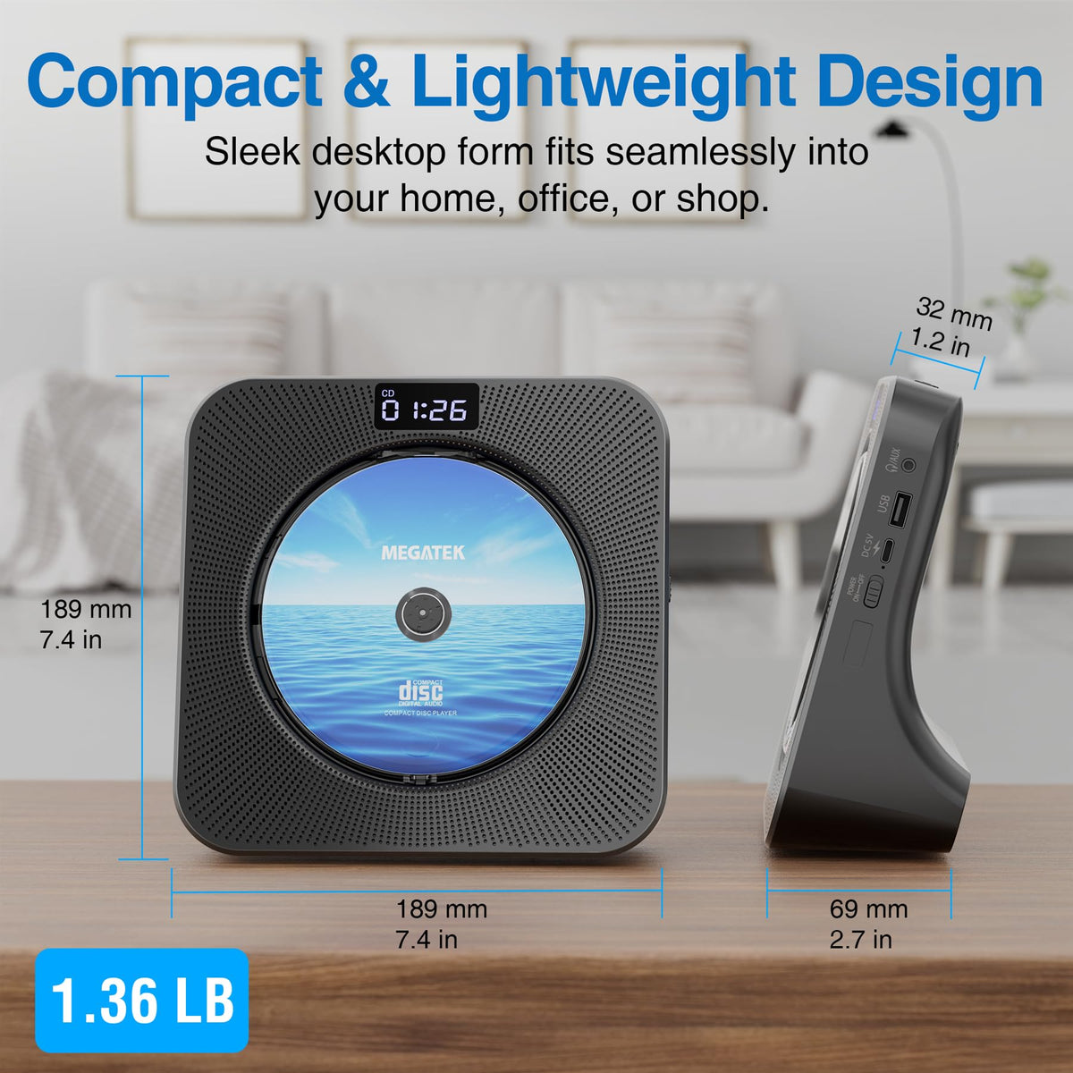 MEGATEK placed on a desk in a lifestyle scene for home or office listening