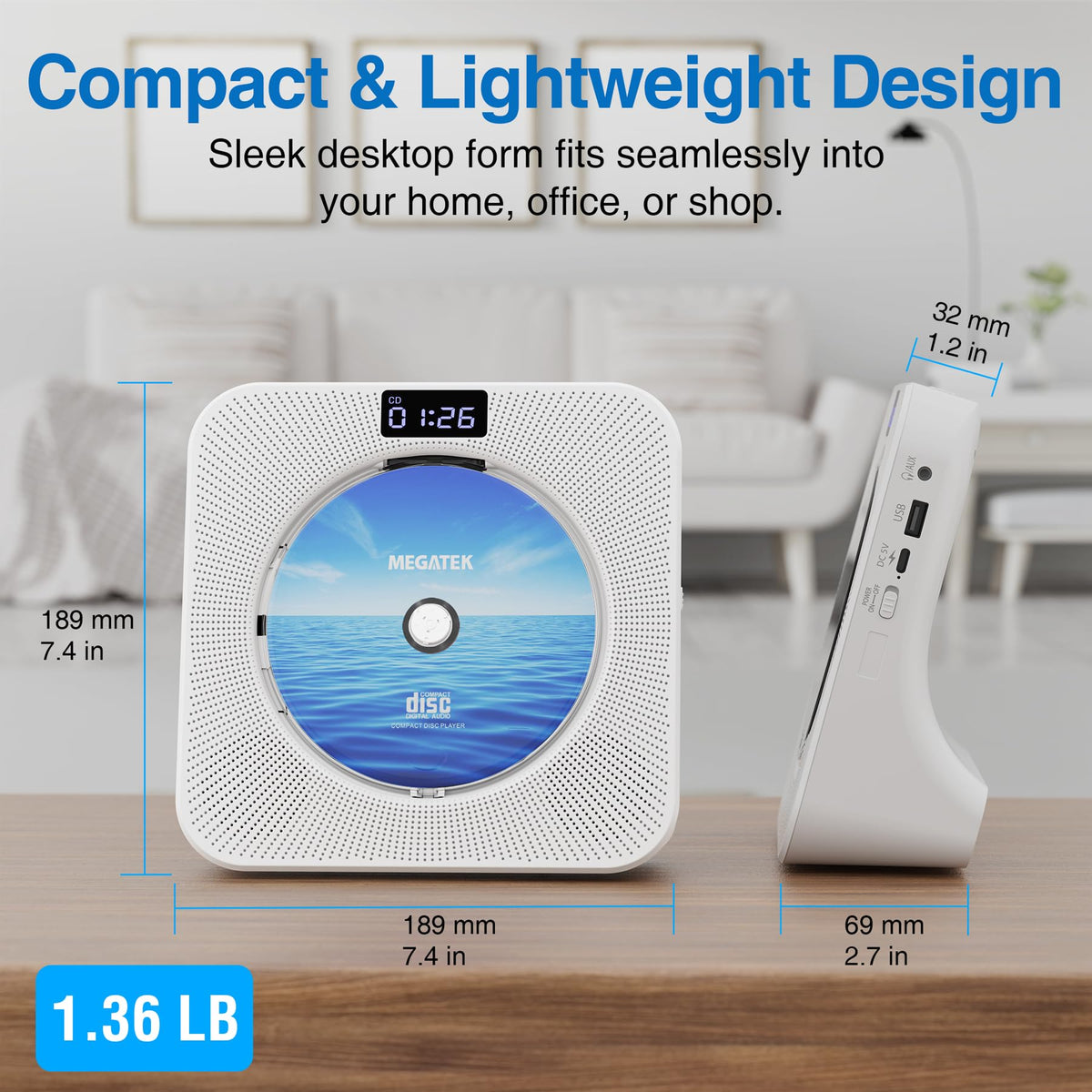 MEGATEK placed on a desk to show compact size and space-saving design