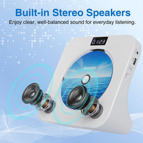 MEGATEK speaker grille close-up highlighting built-in stereo speakers benefit