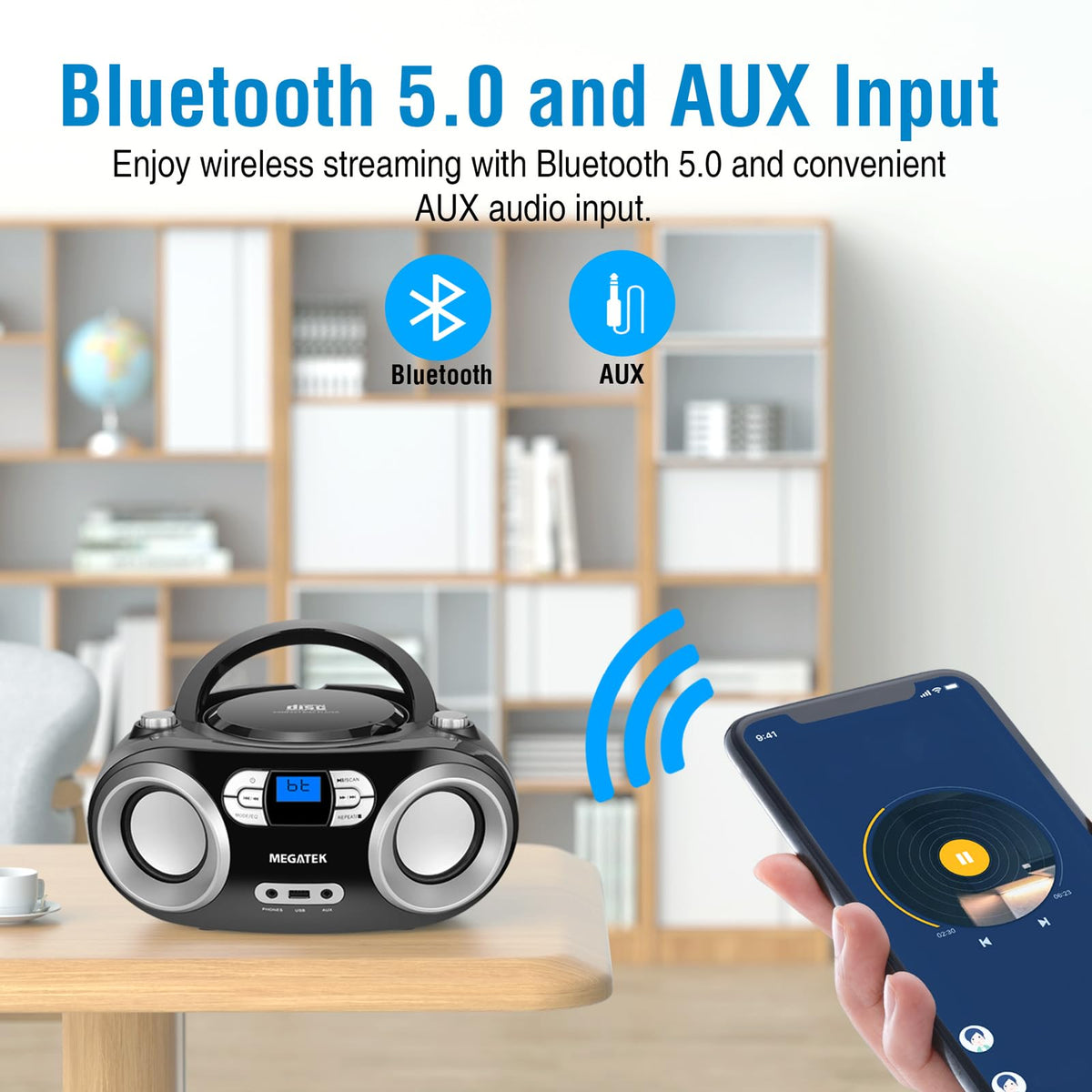 MEGATEK speakers close-up highlighting dual 3-inch drivers for improved clarity