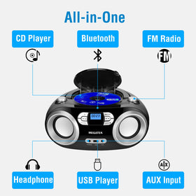 MEGATEK top-loading CD tray open demonstrating easy disc insertion and playback