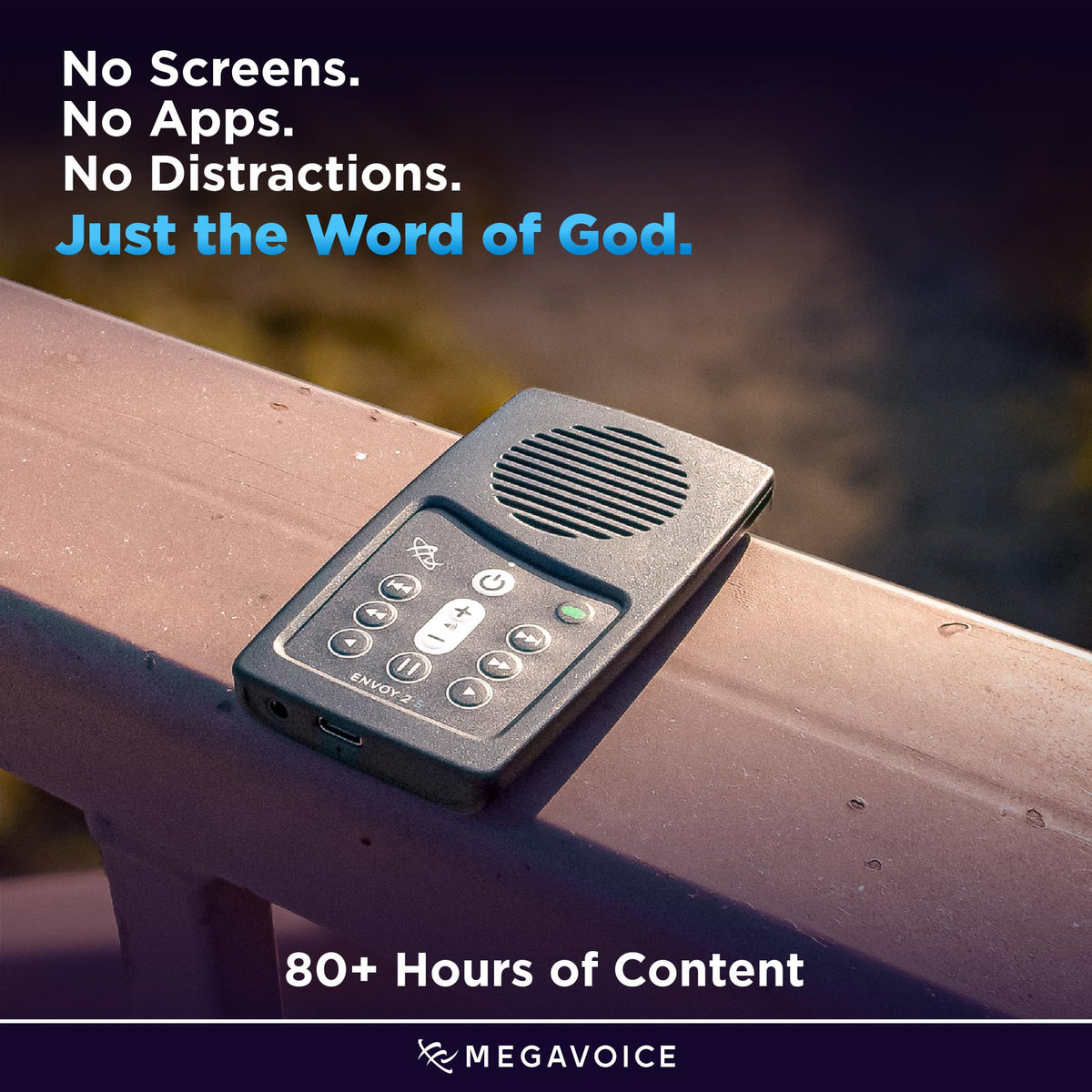 MEGAVOICE NKJV solar battery lasts up to fourteen hours for outdoor listening.
