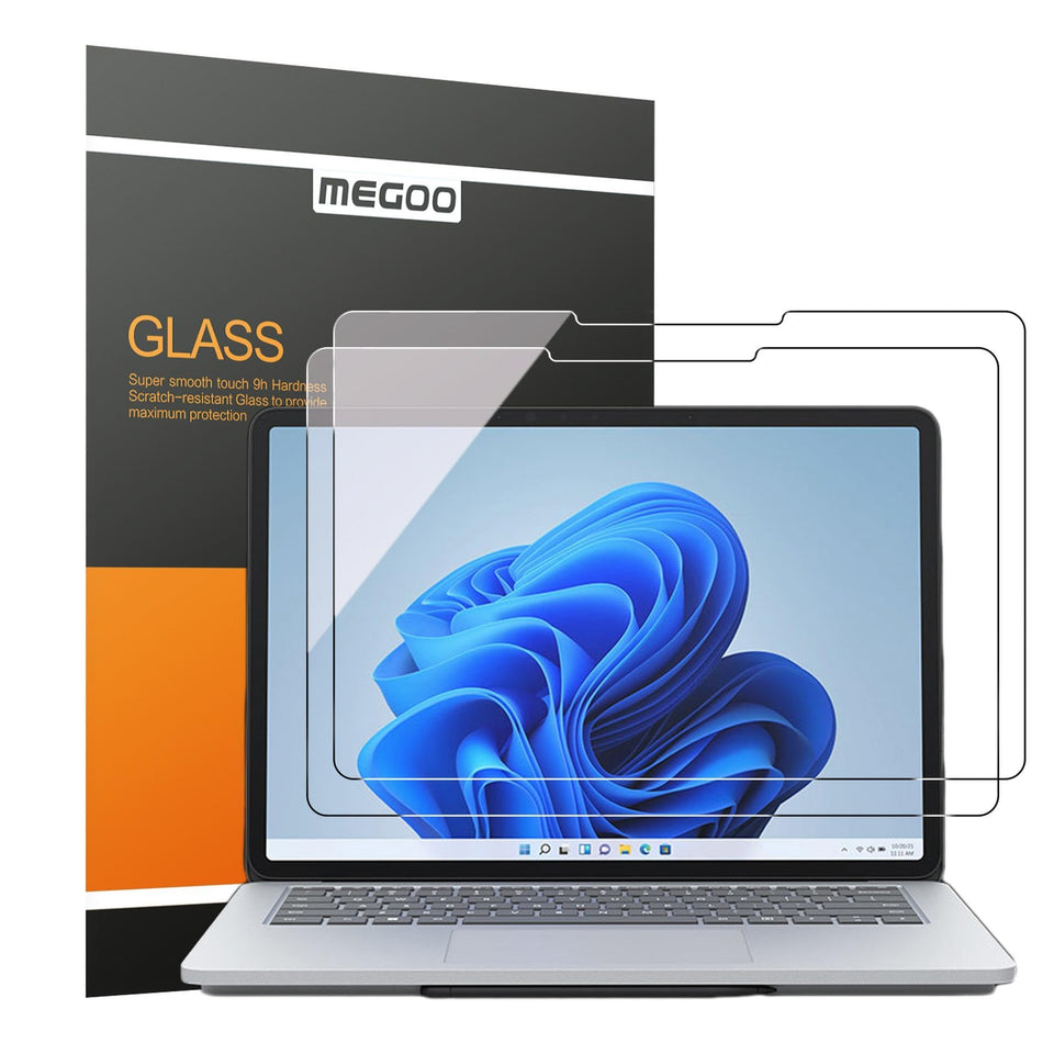Megoo ArmorShield front view on Surface Laptop Studio showing clear protection and visual clarity