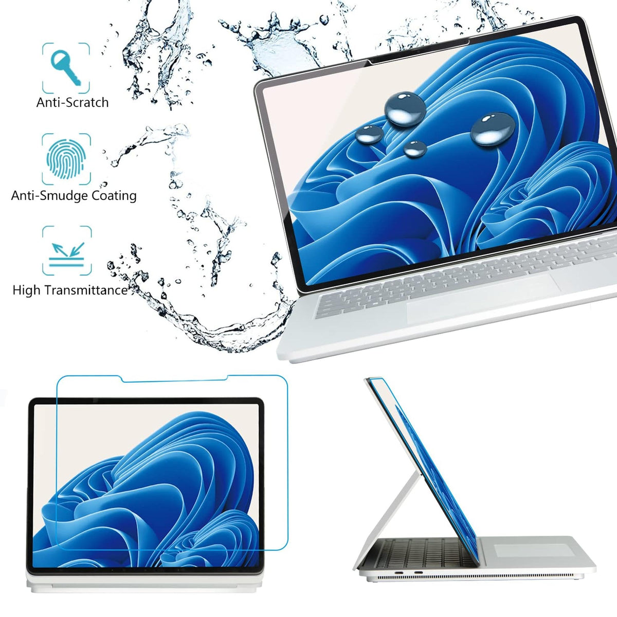 Megoo ArmorShield on Surface Laptop Studio in café setting protecting screen during travel use