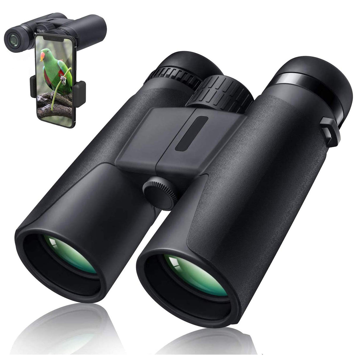 Megrezo front view showing binoculars and included accessories for easy use