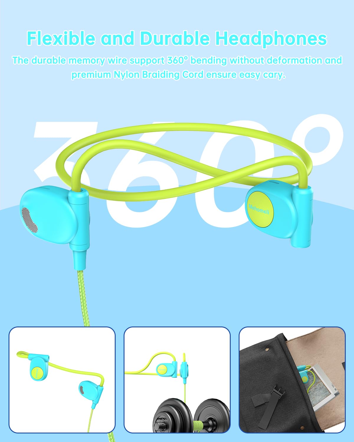 Mehomeli Kid Headphones ergonomic lightweight blue-green fits glasses and helmets
