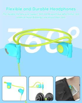 Mehomeli Kid Headphones ergonomic lightweight blue-green fits glasses and helmets