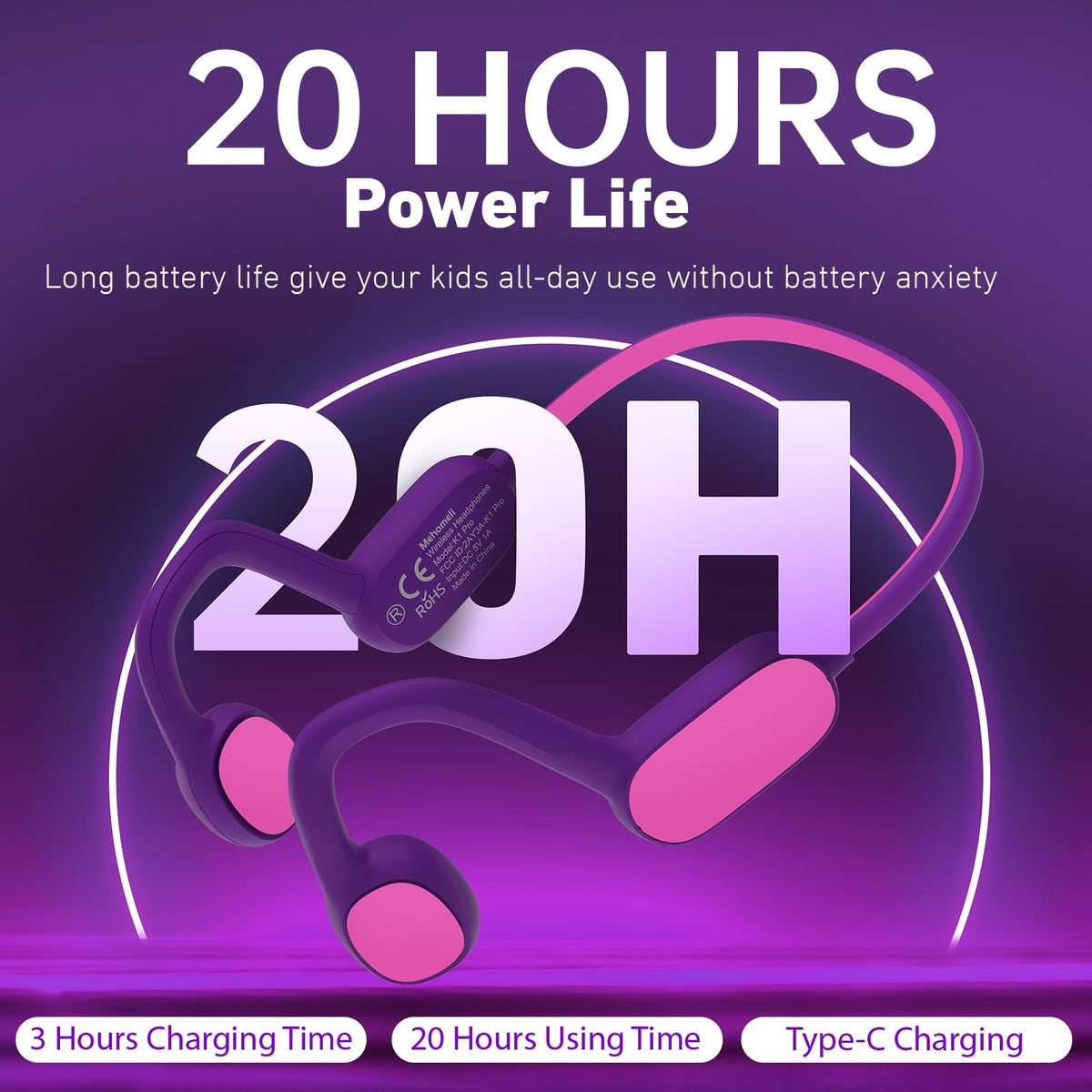 Mehomeli Kids Headphones 20 hour battery for long school days