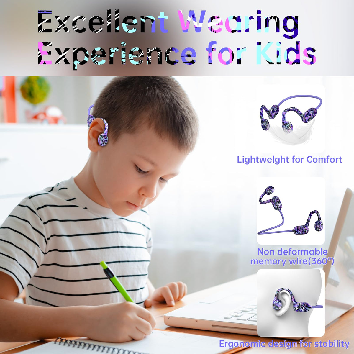 Mehomeli Kids Headphones air-conduction technology delivering clear audio without blocking ears