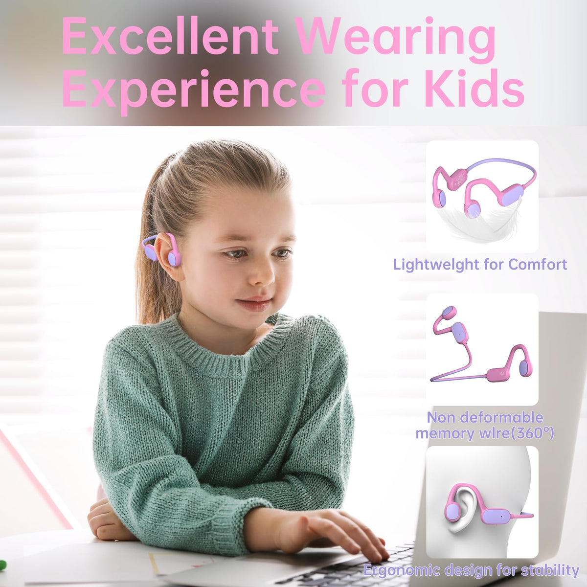 Mehomeli Kids Headphones pink side angle showing lightweight design