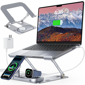 Meifigno laptop stand with wireless charging base for organized desk setup.