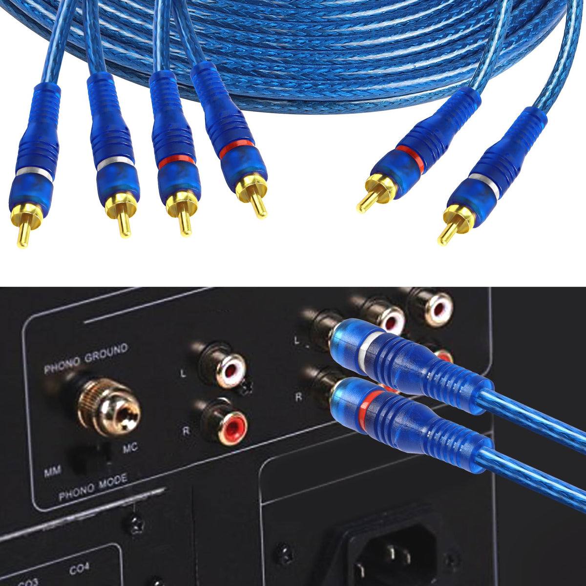 MEIRIYFA close-up of RCA connectors highlighting shielded contacts and secure fit benefit