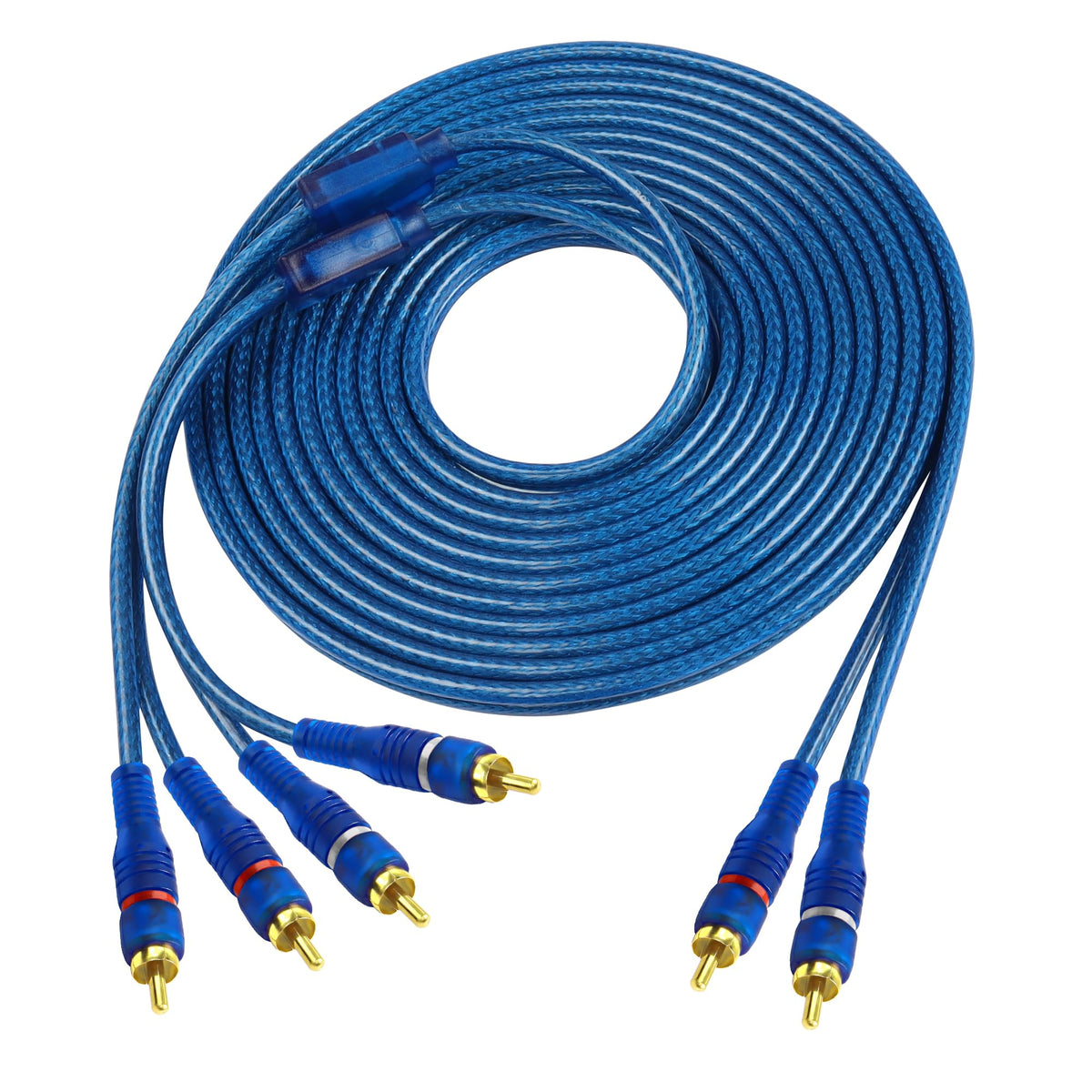 MEIRIYFA front view of 2-to-4 RCA splitter showing connectors and cable, clear connection benefit