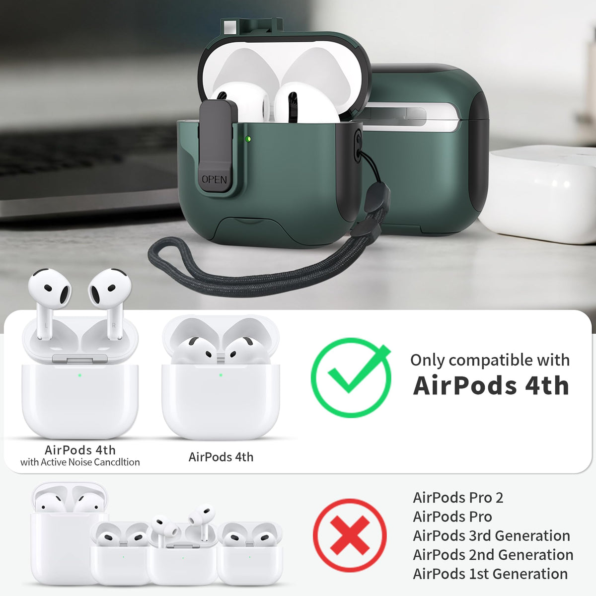 Meiyasy AirPods 4 case auto magnetic lock with top-cover release.