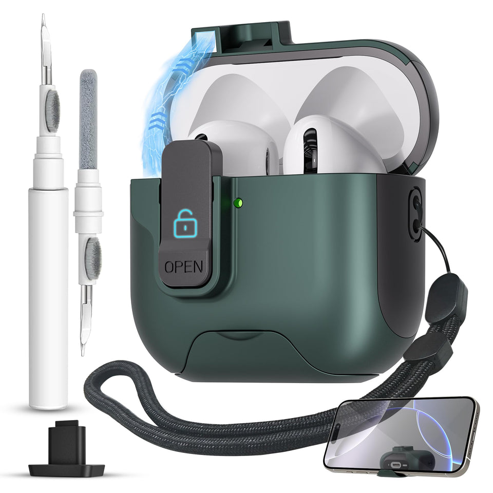 Meiyasy AirPods 4 case secure lock showing durable enclosure and secure lid.
