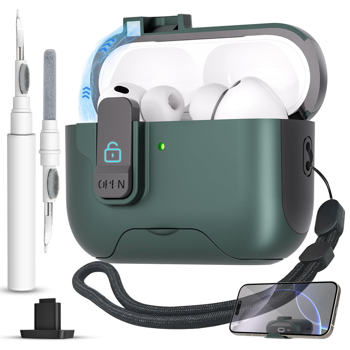 Meiyasy AirPods Pro 3 case with dark green clip offers secure lock and quick access.