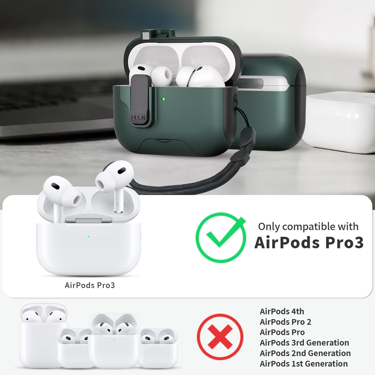 Meiyasy AirPods Pro 3 case highlights the pop-up magnetic lock for easy retrieval.