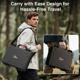 MEKEET case beside backpack illustrating compact travel scale