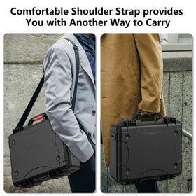 MEKEET case next to backpack showing compact size and easy vehicle storage