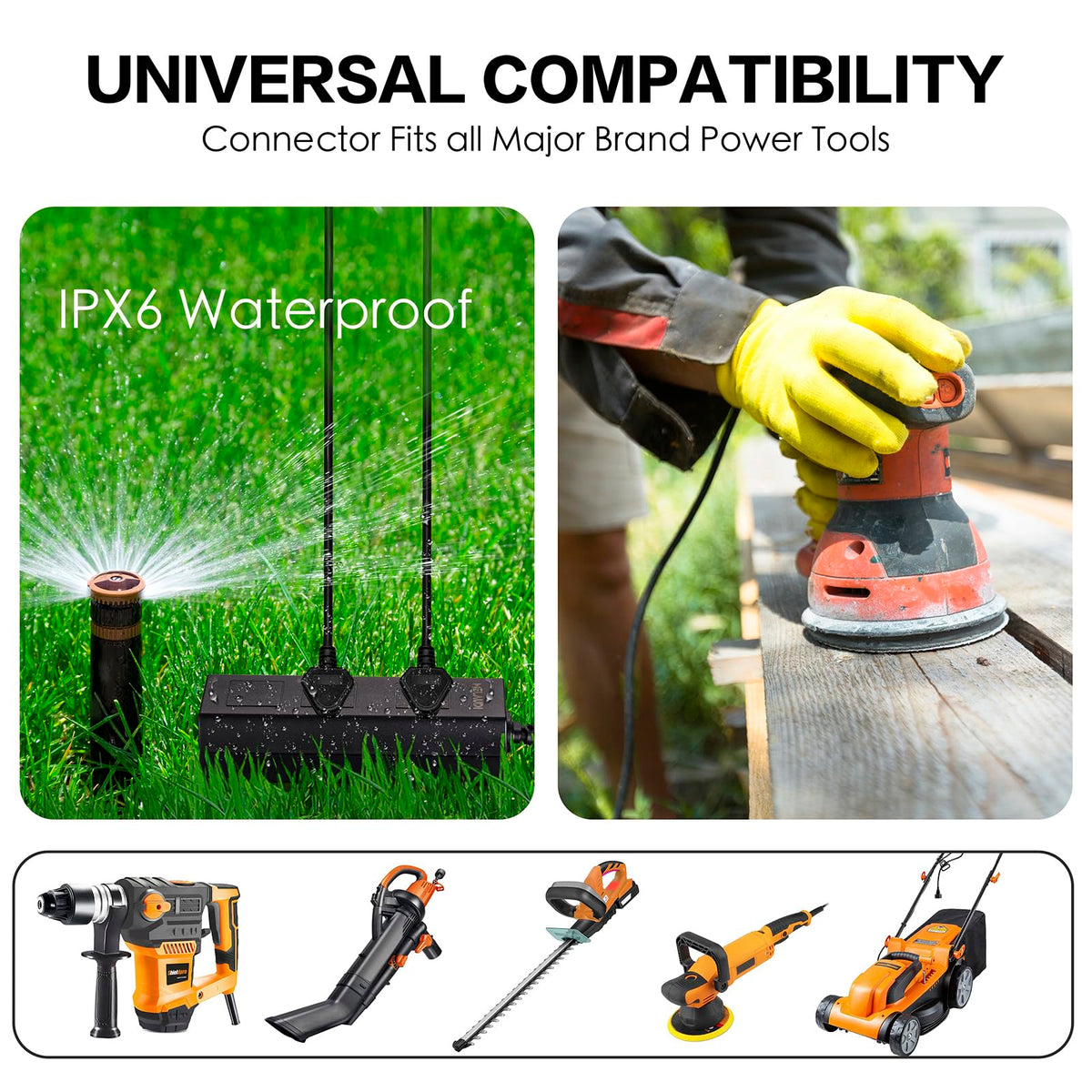 MELAUDI weatherproof extension cord 25ft enables flexible outdoor setup.