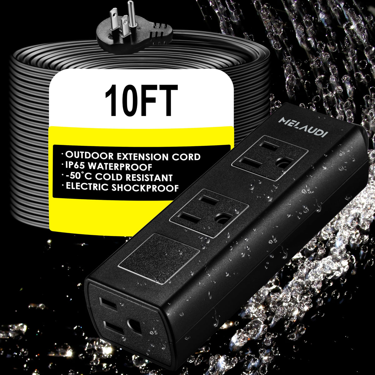MELAUDI outdoor power strip with 3 outlets for versatile outdoor use.
