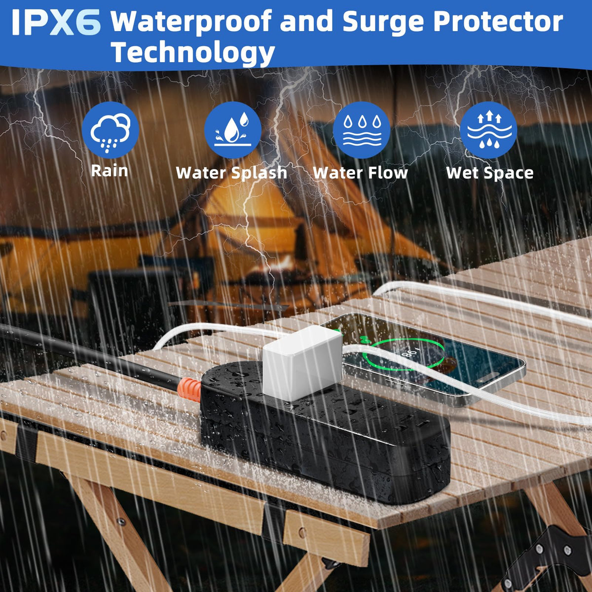 MELAUDI power strip shows safety lock protecting outlets from accidental contact