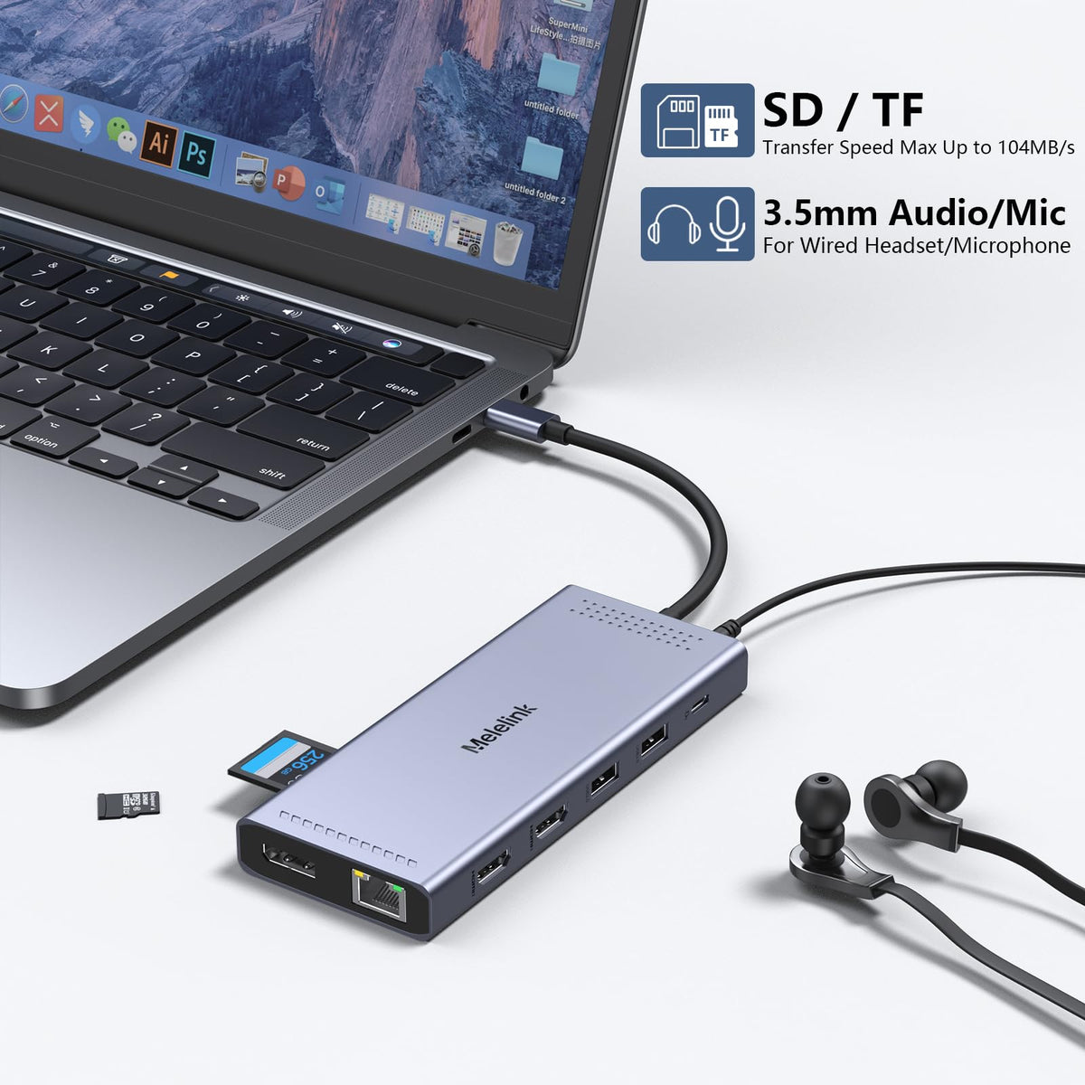 Melelink on a tidy desk with laptop and peripherals highlighting organized workstation benefit