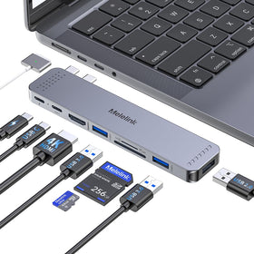 Melelink USB-C Hub attached to a MacBook Pro showing expanded port options for multitasking
