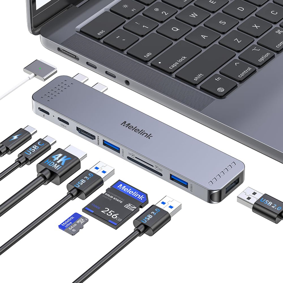 Melelink USB-C Hub attached to a MacBook Pro showing expanded port options for multitasking