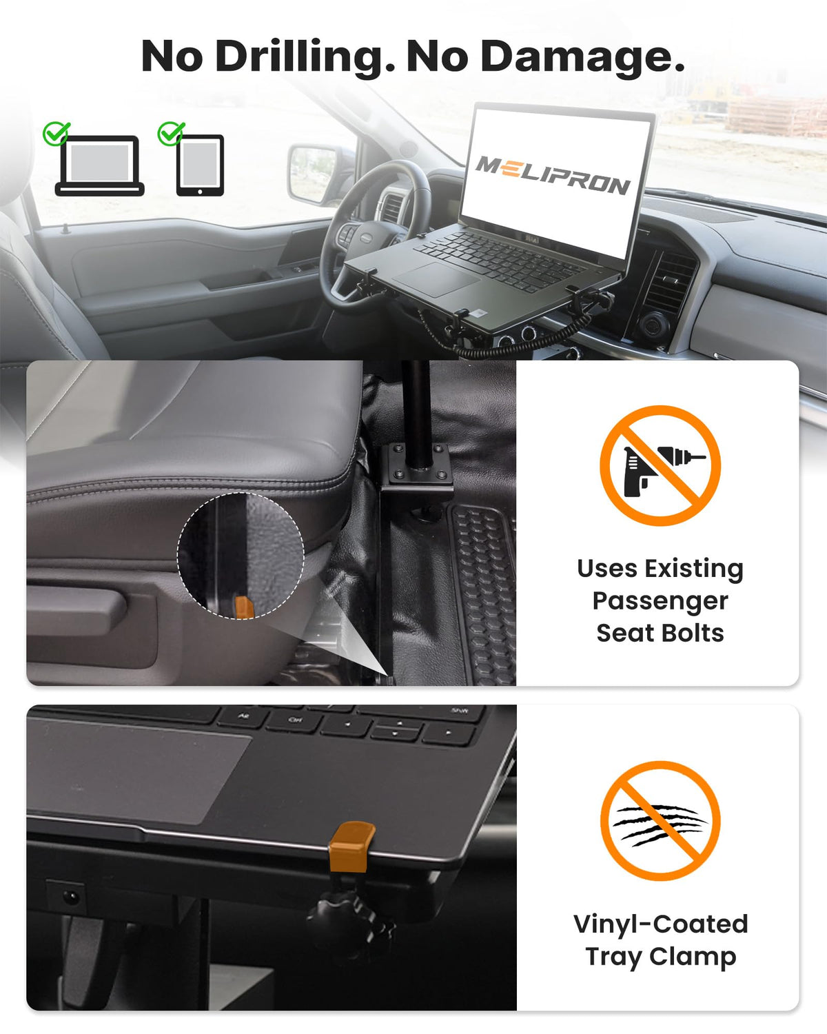 MELIPRON truck laptop mount adjustable-height highlights ergonomic reach in cab