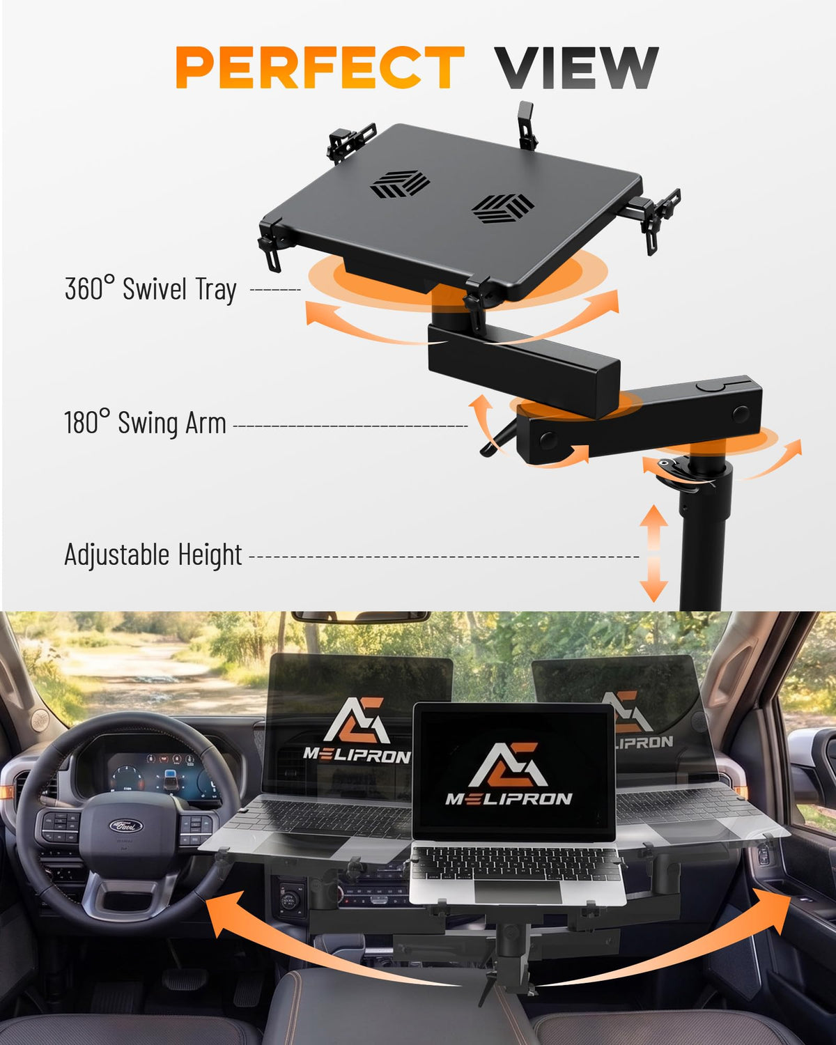 MELIPRON Truck Laptop Mount rugged aluminum and steel for stability.