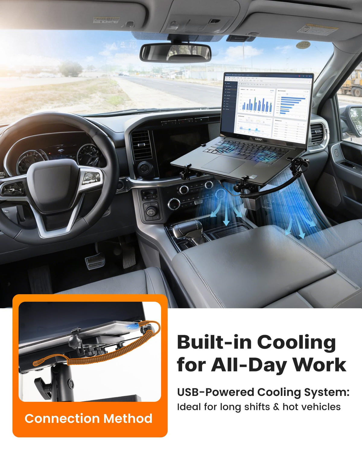 MELIPRON truck laptop mount height adjustment for comfortable viewing