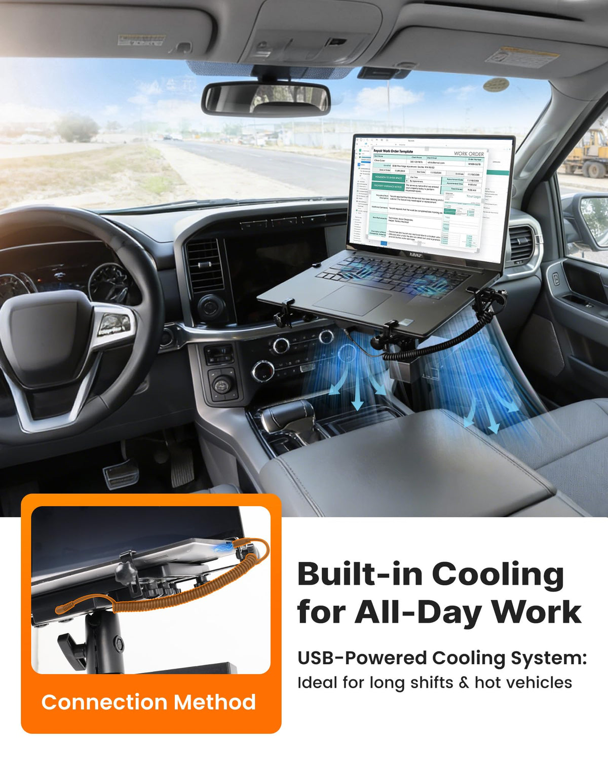 MELIPRON truck laptop mount seated-rail base demonstrates three-point stability on rails