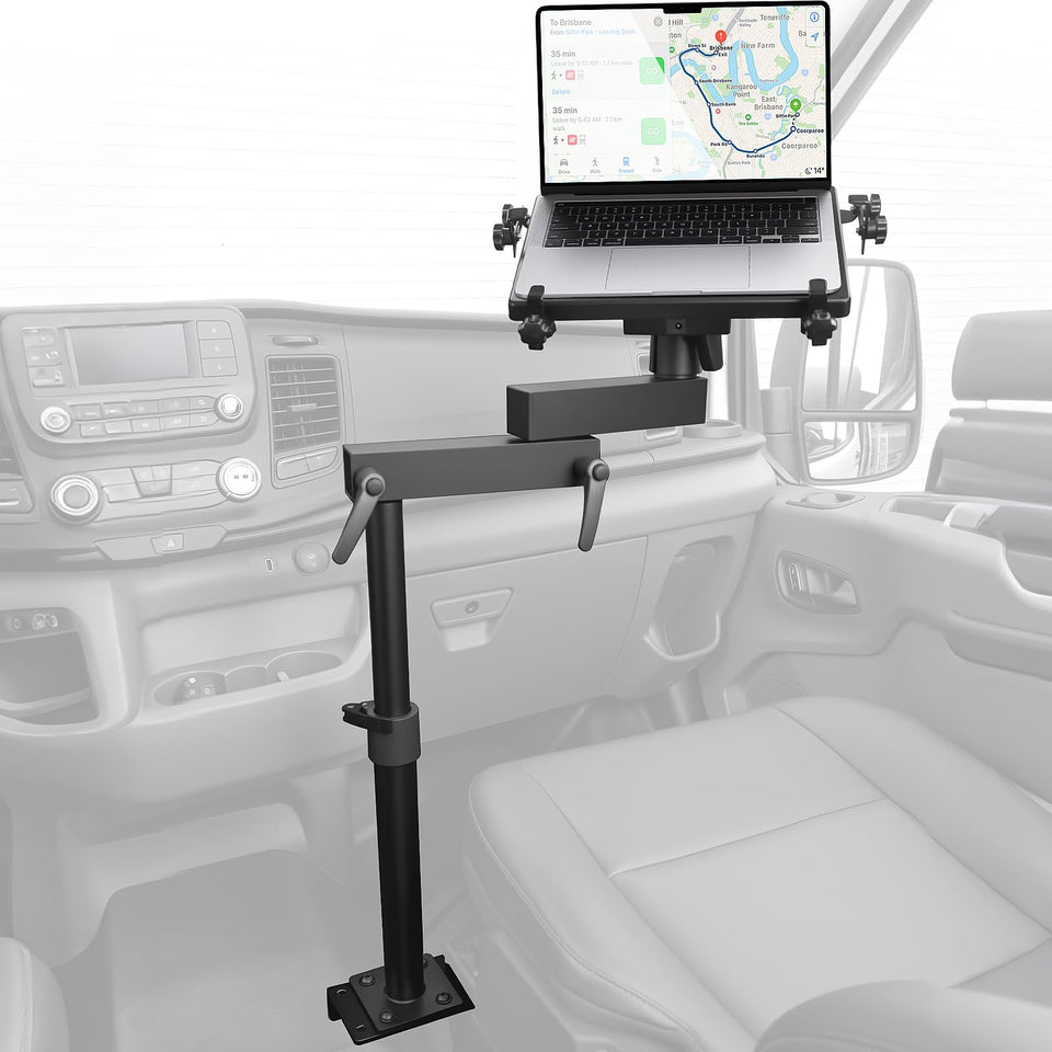 MELIPRON van laptop mount front view shows built-in fans cooling your laptop during drives