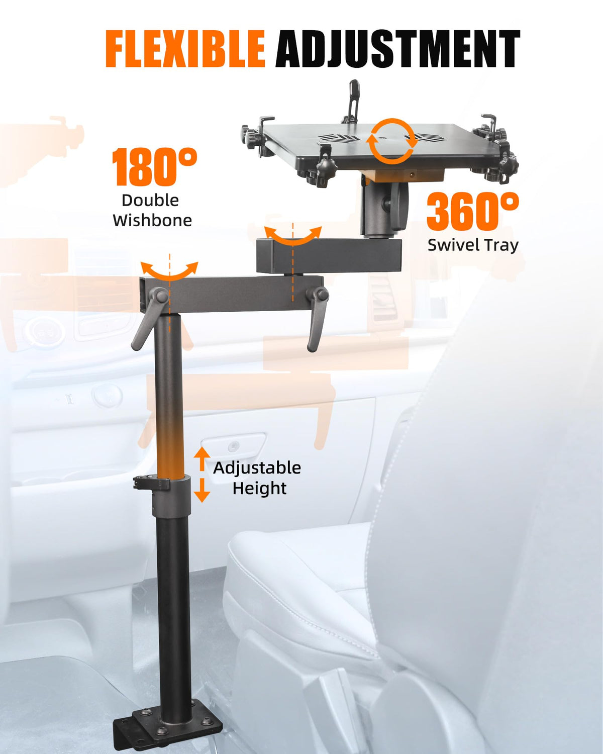 MELIPRON van laptop mount installed base view demonstrates drill-free setup