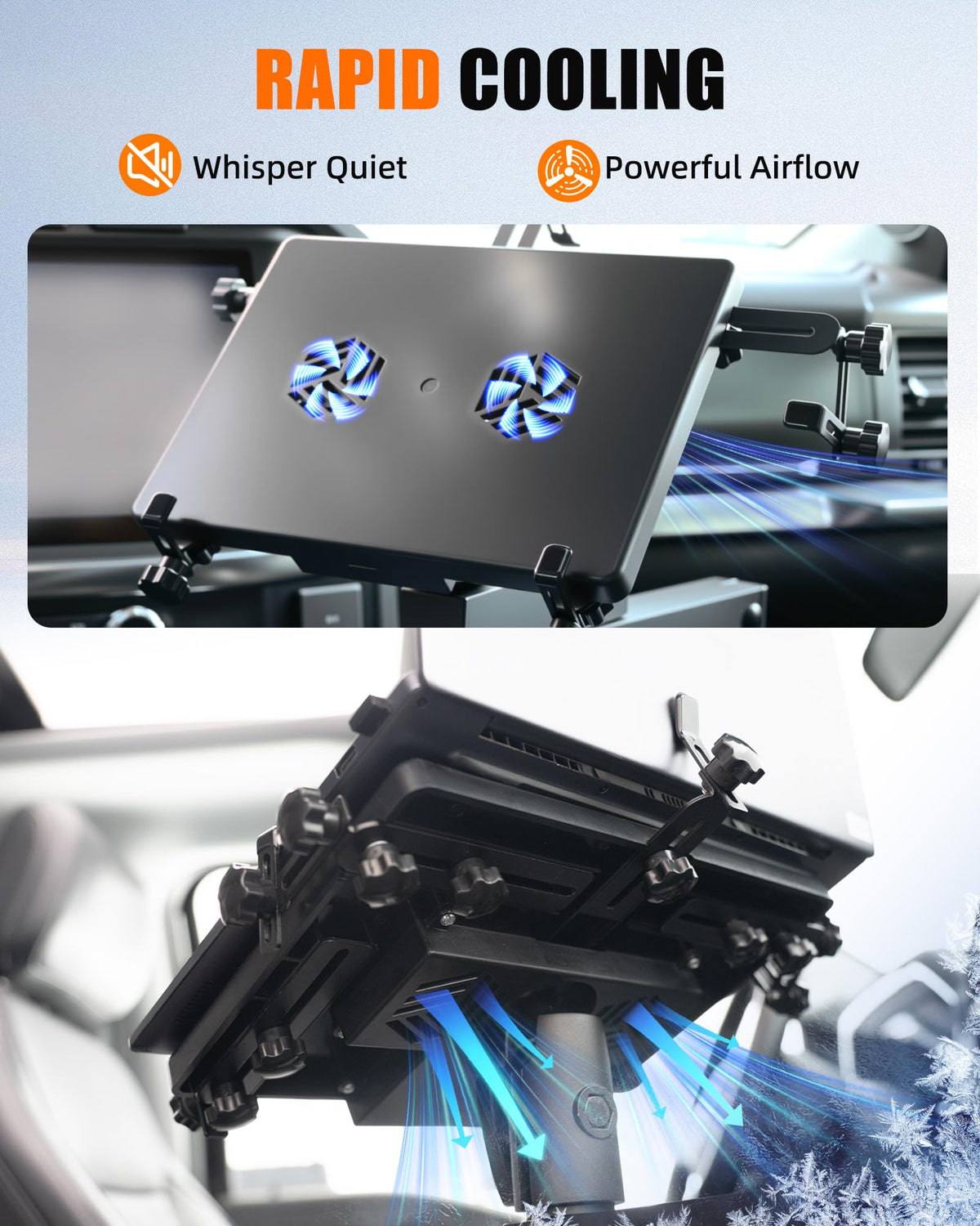 MELIPRON van laptop mount side view highlighting adjustable height for comfort