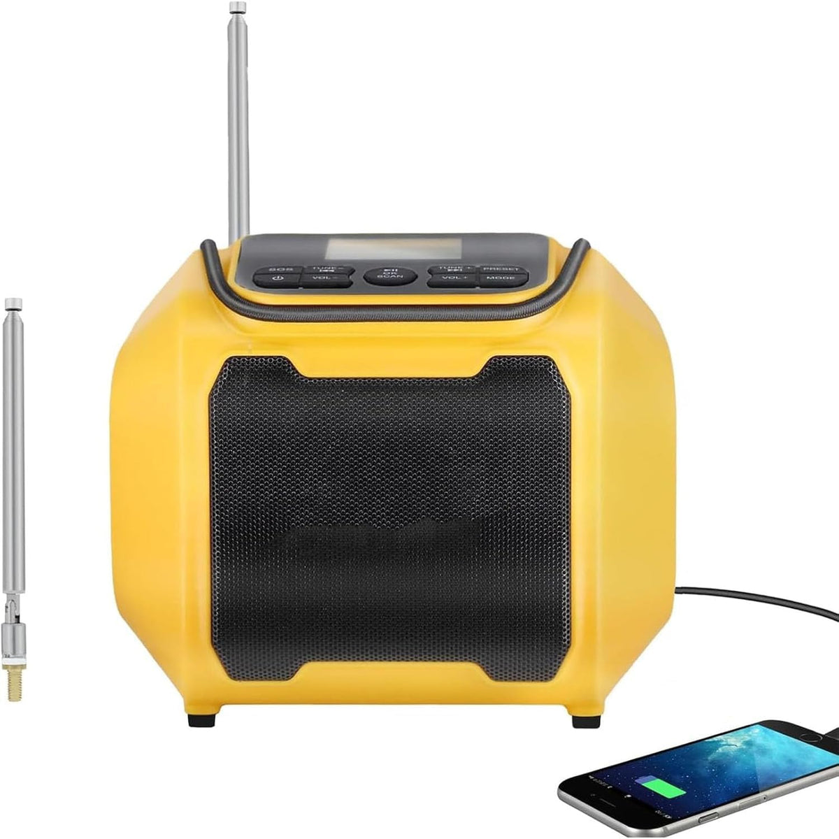 Mellif cordless radio battery-slot demonstrates 20V DeWalt compatibility for on-site power